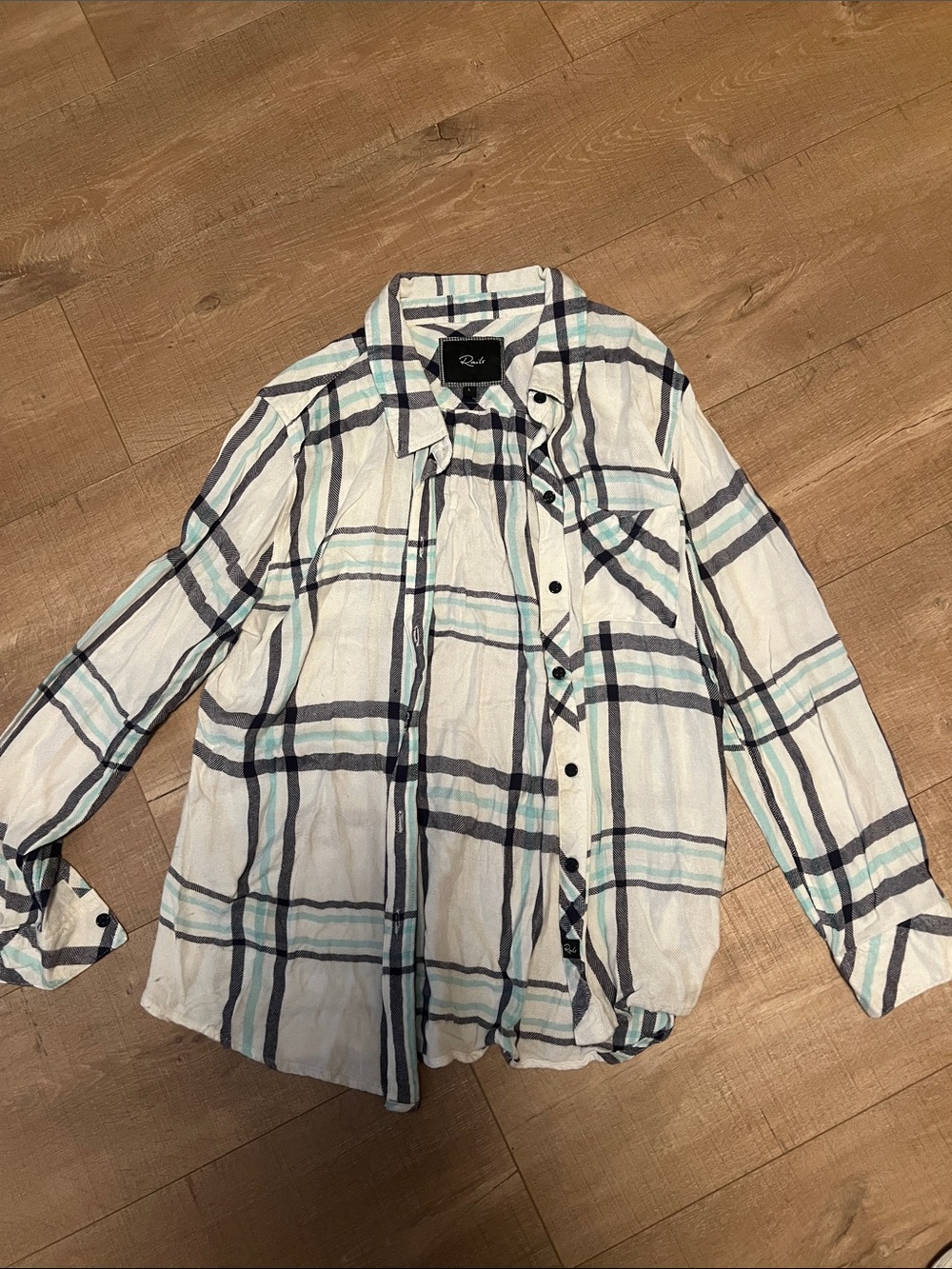 Rails White Plaid Button-Down Shirt with Teal and Black Stripes size large